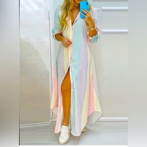 Maxi Shirt Color Block Striped Button Up Dress Long Sleeve Size M